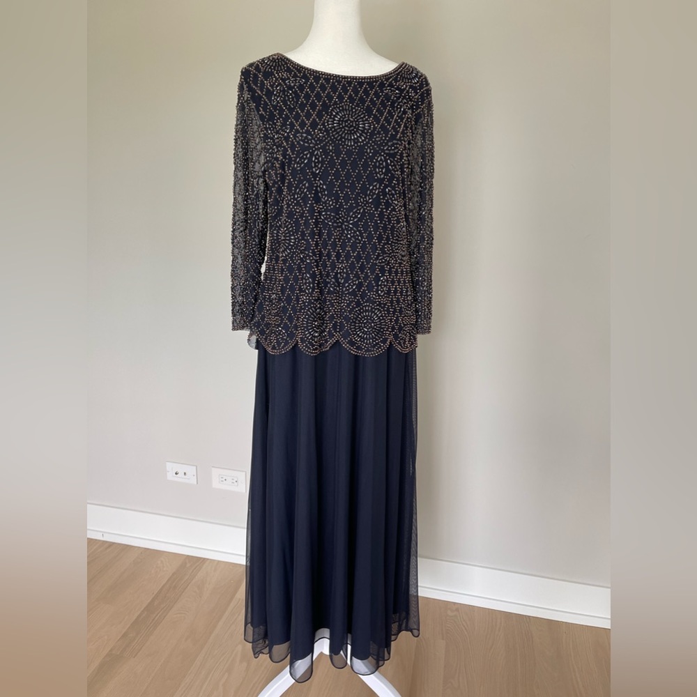 Xscape Navy and Gold Beaded Wedding Dress